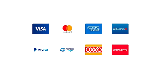 Métodos de pago: Visa, Mastercard, American Express, Citibanamex, PayPal, Mercado Pago, OXXO, Banorte